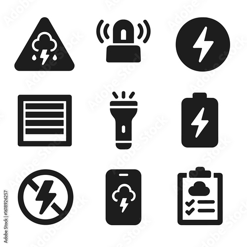 Weather Alert Icons. Solid, filled icons set of weather alerts and storm preparation: thunderstorm warning,