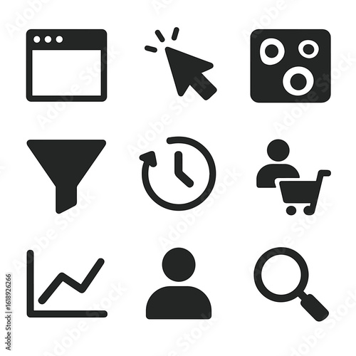 Website Analytics Icons. Solid, filled icons set of website analytics: browser window, mouse cursor, heatmap,