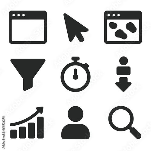 Website Analytics Icons. Solid, filled icons set of website analytics: browser window, mouse cursor, heatmap,