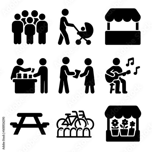 Weekend Market Icons. Solid, filled icons set of weekend market scenes: crowd icon, stroller with child,