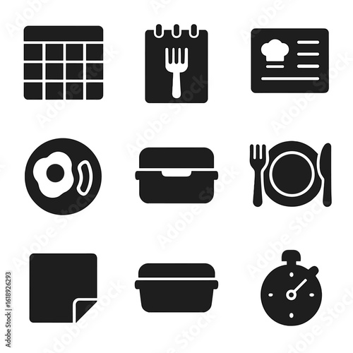 Weekly Meal Icons. Solid, filled icons set of weekly meal planning: meal grid chart, notepad with fork, recipe