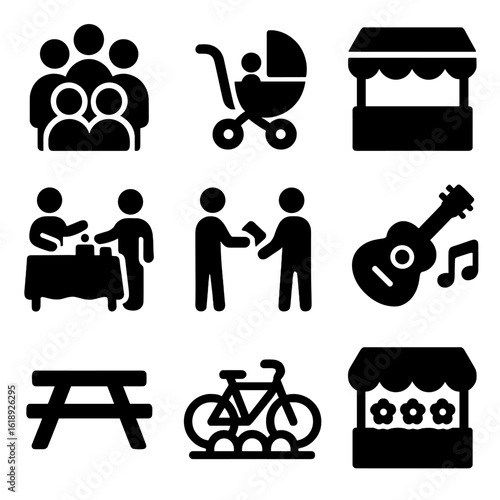 Weekend Market Icons. Solid, filled icons set of weekend market scenes: crowd icon, stroller with child,