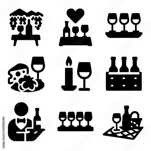 Wine and Glass Icons. Solid, filled icons set of wine and glass pairing settings: vineyard table, romantic