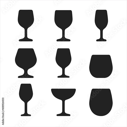 Wine Glass Icons. Solid, filled icons set of wine glass shapes and silhouettes: tulip bowl, U-shaped glass,