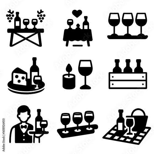 Wine Pairing Icons. Solid, filled icons set of wine and glass pairing settings: vineyard table, romantic