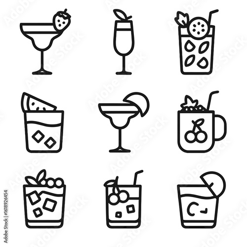 Fruity Cocktails Icons. Solid, filled icon set of fruity signature drinks: strawberry daiquiri, peach bellini, passion fruit