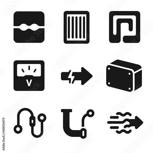 Fuel Cell Icons. Solid, filled icons set of fuel cell stack technology: membrane icon, bipolar plate, cooling