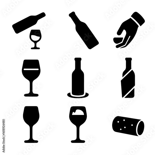 Wine Serving Icons. Solid, filled icons set of serving wine properly: pouring motion, wine bottle tilt, hand