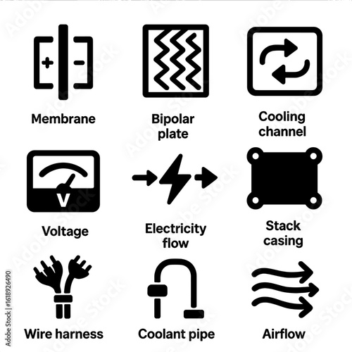 Fuel Cell Icons. Solid, filled icons set of fuel cell stack technology: membrane icon, bipolar plate, cooling