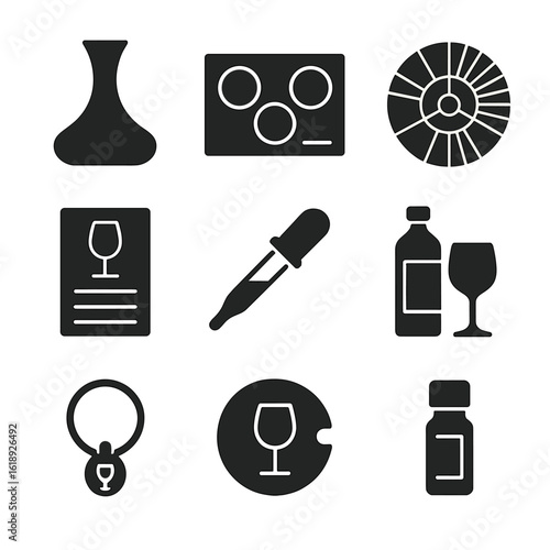 Wine Tasting Essentials. Solid, filled icons set of wine tasting accessories: decanter, tasting mat, wine