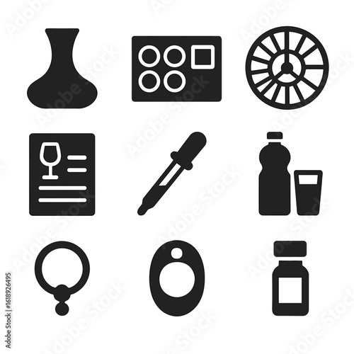 Wine Tasting Essentials. Solid, filled icons set of wine tasting accessories: decanter, tasting mat, wine