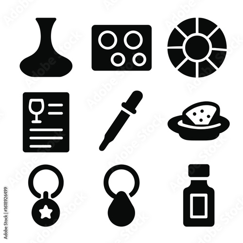 Wine Tasting Essentials. Solid, filled icons set of wine tasting accessories: decanter, tasting mat, wine