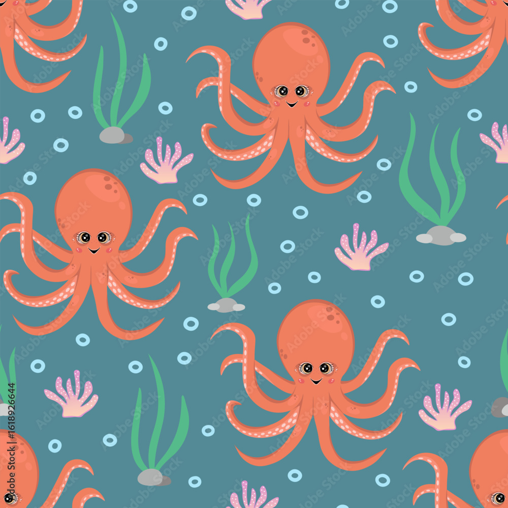 Obraz premium Cute octopus underwater seamless pattern. Vector Illustration for printing, backgrounds, covers and packaging. Image can be used for greeting cards, posters and textile. Isolated on green background.