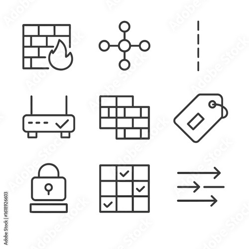 Network Segmentation Icons. Outline icon set of network segmentation and zoning: DMZ wall, core network hub, zone boundary line,
