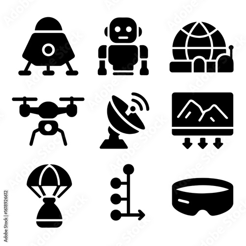Future Venus Mission Icons. Solid, filled icons set of future Venus missions: concept lander, AI robot, space