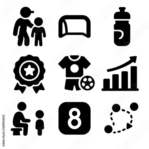 Youth Sports Icons. Solid, filled icons set of youth sports coaching: coach and kid icon, mini goal post,