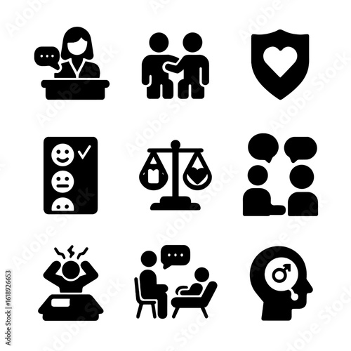 Youth Mental Health Icons. Solid, filled icons set of youth and teen mental health: school counselor icon,