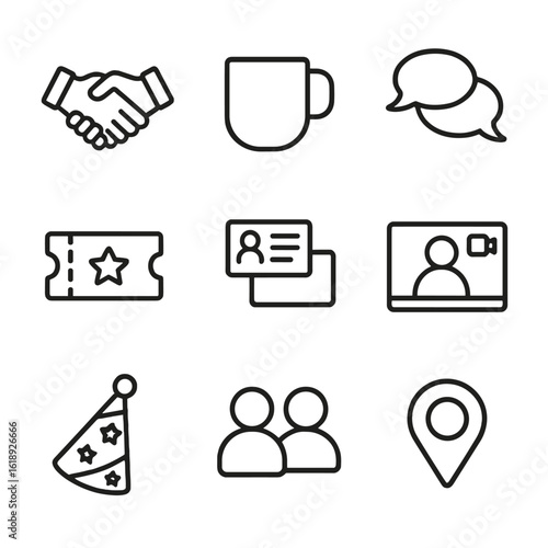 Networking Icons Grid. Outline icon set of social circle expansion: networking handshake, coffee meet-up mug, group chat bubble,