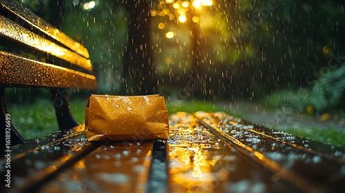 Wet paper bag sits rainy bench scene pictures