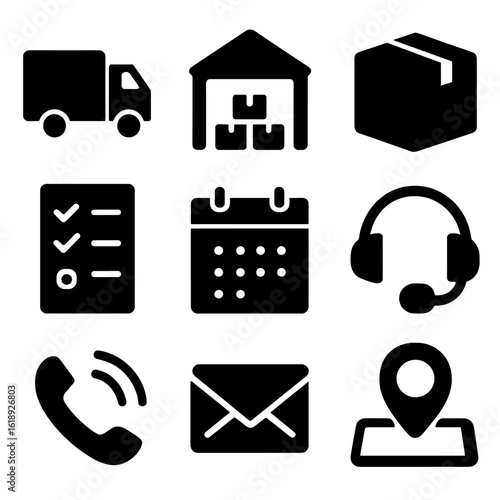 Gaming Logistics Icons. Solid, filled icon set of gaming sponsorship logistics: delivery truck, warehouse, packaging, checklist,