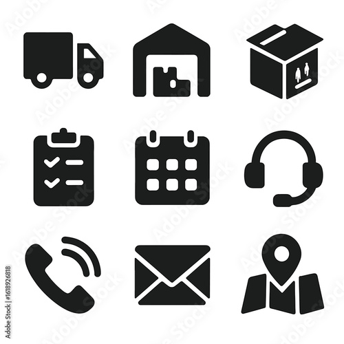 Gaming Logistics Icons. Solid, filled icon set of gaming sponsorship logistics: delivery truck, warehouse, packaging, checklist,