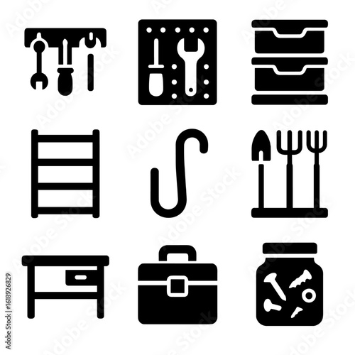 Garage Storage Icons. Solid, filled icons set of garage and utility storage: tool rack, pegboard, labeled bins
