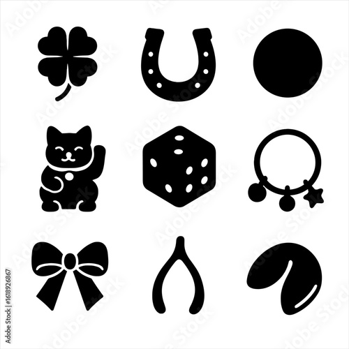 New Year Lucky Charms. Solid, filled icon set of lucky charms for New Year: four-leaf clover, horseshoe, gold coin, lucky cat,