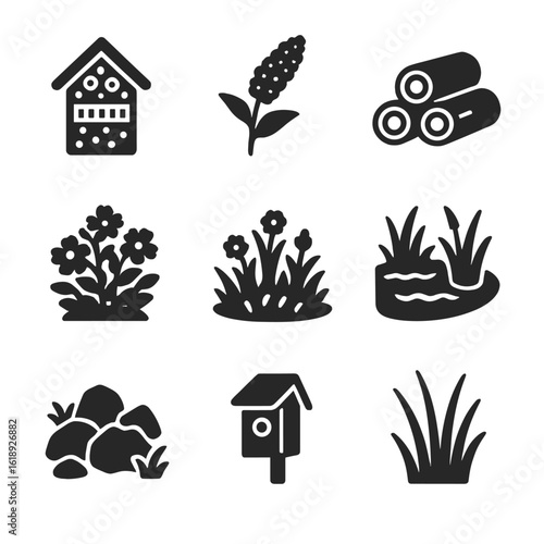 Garden Habitat Icons. Solid, filled icons set of garden habitats: bee hotel, butterfly bush, log pile,