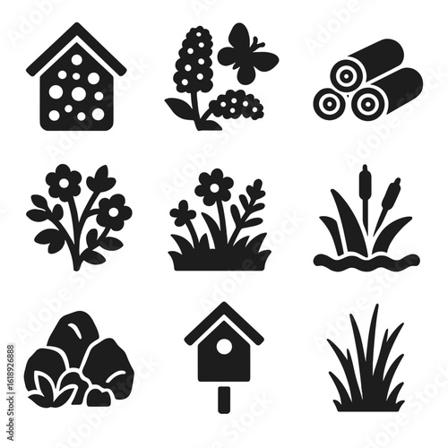 Garden Habitat Icons. Solid, filled icons set of garden habitats: bee hotel, butterfly bush, log pile,