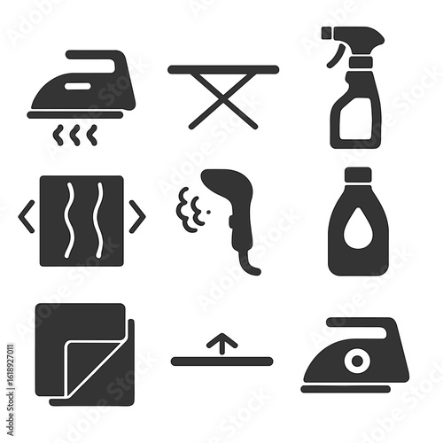 Garment Care Icons. Solid, filled icons set of ironing and garment care: steam iron, ironing board, wrinkle