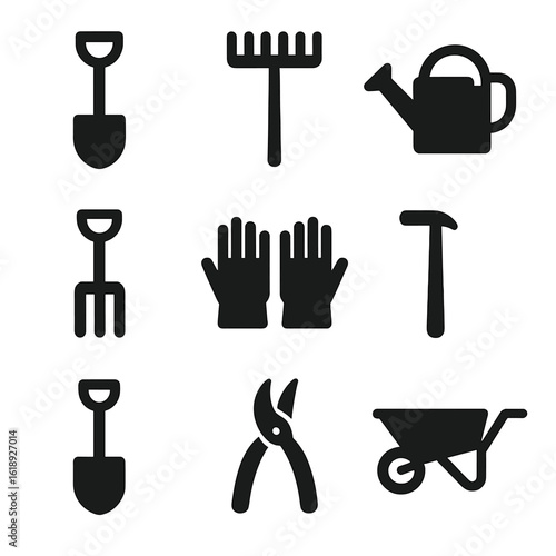 Gardening Tools Icons. Solid, filled icon set of gardening tools: shovel, rake, watering can, garden fork, hoe, gloves, spade,