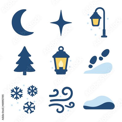 Night Snow Icon Set. Flat icon set of nighttime snow scenes: crescent moon, shining star, streetlight, tree silhouette, lantern