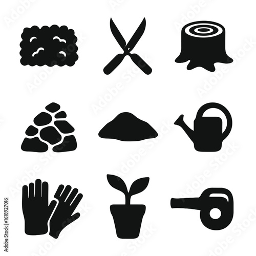 Gardening Tool Icons. Solid, filled icon set of professional pruning: hedge, shears, tree stump, mulch, soil, watering can, gloves