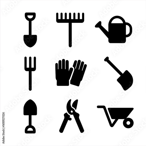 Gardening Tools Icons. Solid, filled icon set of gardening tools: shovel, rake, watering can, garden fork, hoe, gloves, spade,