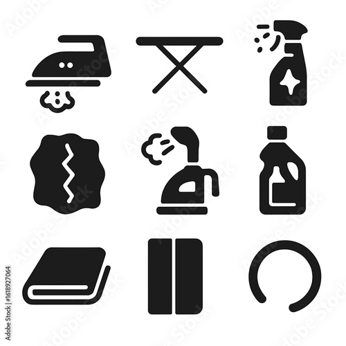 Garment Care Icons. Solid, filled icons set of ironing and garment care: steam iron, ironing board, wrinkle