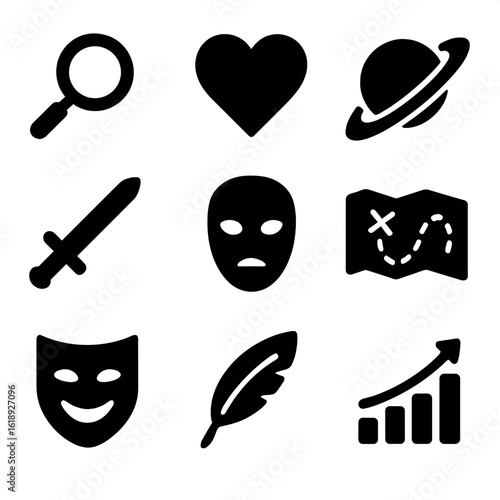 Genre Icons Grid. Solid, filled icons set of genre-based quotes: mystery magnifier, romance heart, sci-fi