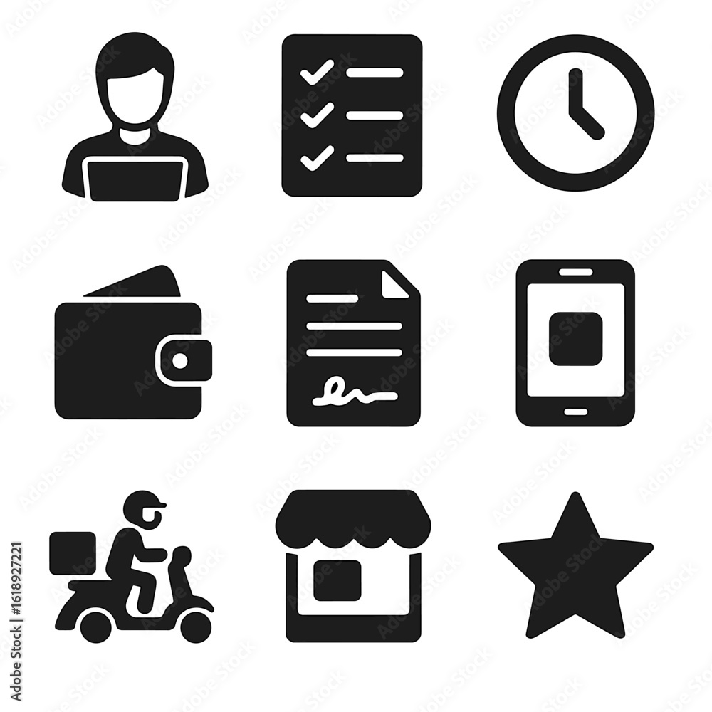 Gig Economy Icons. Solid, filled icons set of the gig economy and short-term employment: freelance worker, Gig Economy Icons. Solid, filled icons set of the gig economy and short-term employment: freelance worker,