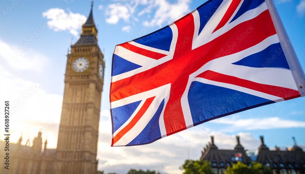 Fototapeta premium Flag of the United Kingdom in the foreground with the background