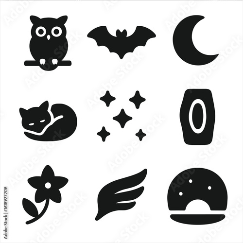 Nocturnal Animal Icons. Solid, Filled icon set of nocturnal animal rest: owl roost, bat cave, sleeping fox, moon phase, star