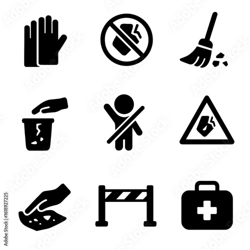 Glass Safety Icons. Solid, filled icon set of glass breakage safety tips: wear gloves, avoid bare hands, use broom, dispose