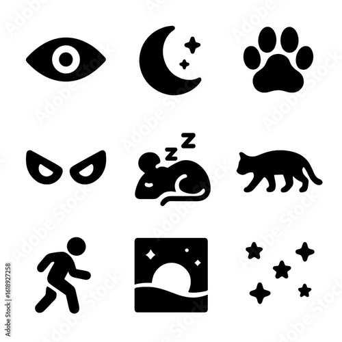 Nocturnal Predator Icons. Solid, filled icon set of nocturnal predator behavior: night vision, moonlight, stealthy steps, glowing
