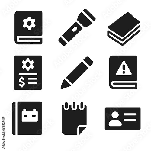 Glovebox Essentials Icons. Solid, filled icons set of glovebox essentials: user manual, flashlight, napkins,
