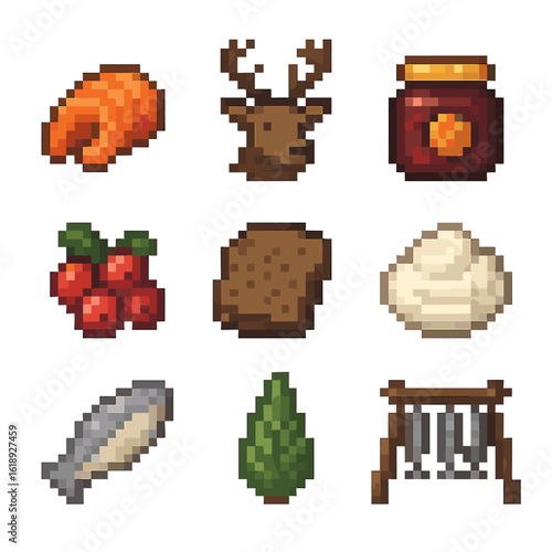 Northern Cuisine Icons. Pixel art icon set of northern cuisine ingredients: smoked salmon, reindeer meat, cloudberry jam,
