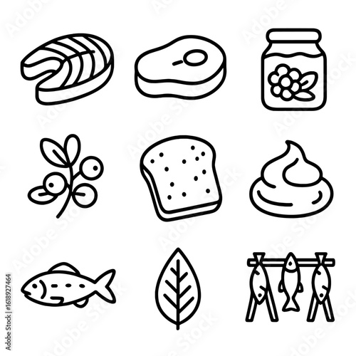 Northern Cuisine Icons. Outline icon set of northern cuisine ingredients: smoked salmon, reindeer meat, cloudberry jam,