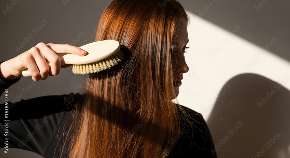 Fototapeta premium Woman brushing long, shiny hair with visible strands and static movement, realistic lighting and shadows. 