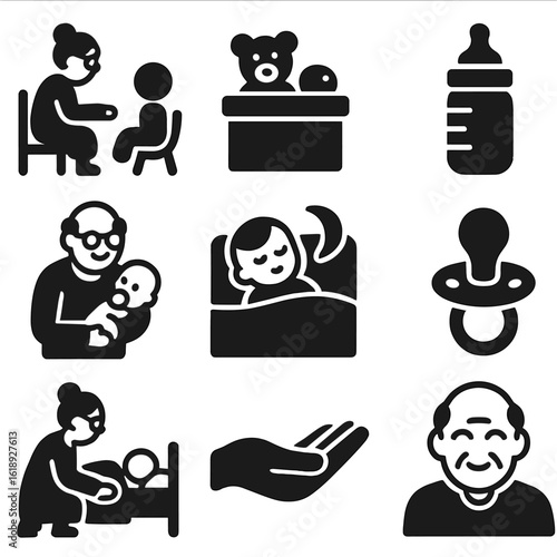 Grandparents' Babysitting Icons. Solid, filled icons set of grandparents helping with kids: babysitting icon,