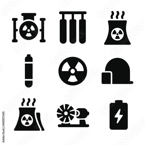 Nuclear Energy Icons. Solid, filled icon set of nuclear energy: reactor core, control rods, cooling system, nuclear fuel,