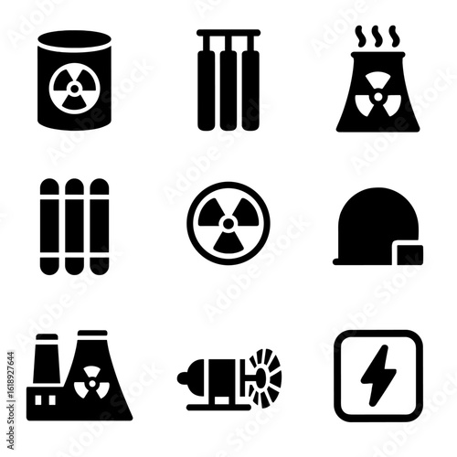 Nuclear Energy Icons. Solid, filled icon set of nuclear energy: reactor core, control rods, cooling system, nuclear fuel,