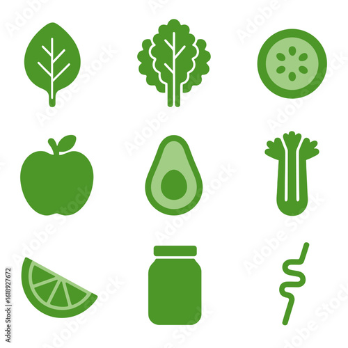 Green Detox Icons. Solid, filled icons set of green detox smoothies: spinach leaf, kale bunch, cucumber slice,