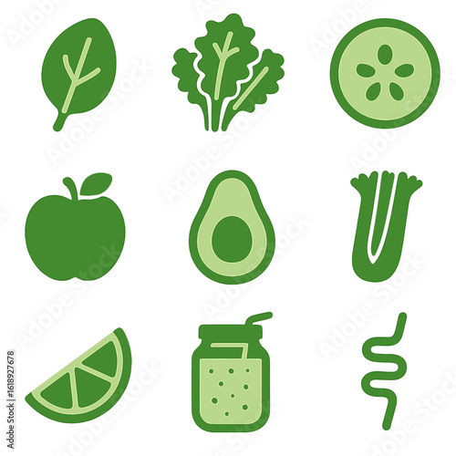 Green Detox Icons. Solid, filled icons set of green detox smoothies: spinach leaf, kale bunch, cucumber slice,